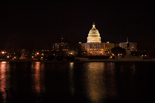 Capitol Building illuminated by night lights, Washington DC, USA