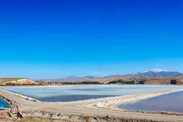 Salt evaporation ponds at Lake Grassmere in New Zealand.
