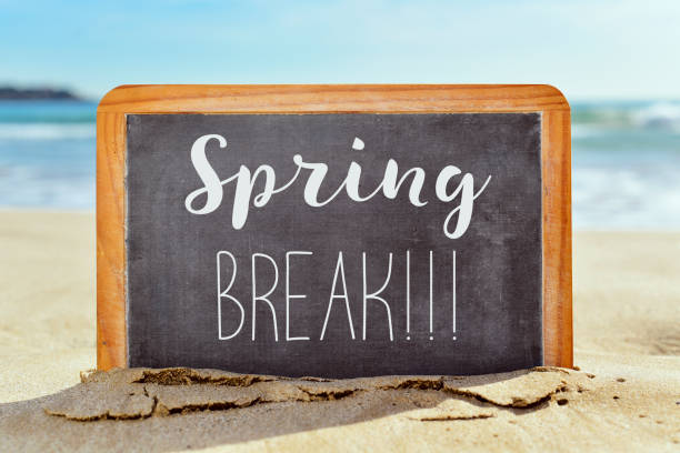 text spring break in a chalkboard on the beach - spring break imagens e fotografias de stock