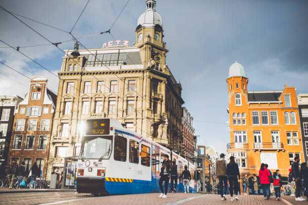 A cyclist rides alongside a blue and white tram as it moves through the city. The street is bustling with activity. Amsterdam Netherlands