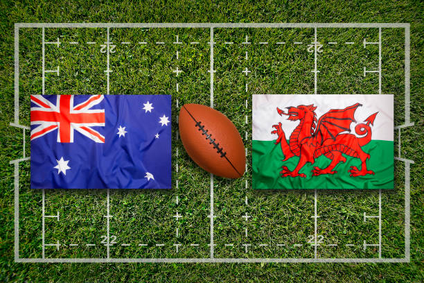 istock Australia vs. Wales flags on rugby field 644054450