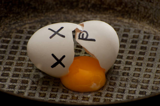 istock Broken egg in a frying pan with the leaked yolk, close-up 644063556