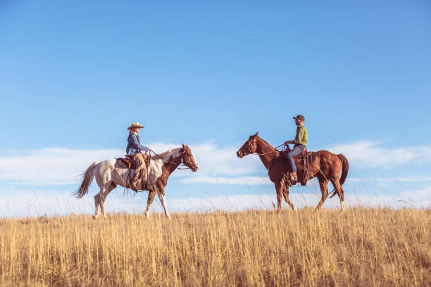 istock Two People On Horseback Riding Toward Each Other 644063690