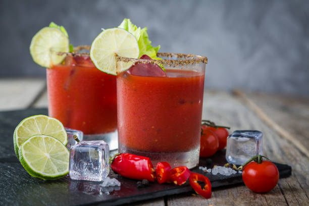 Bloody mary cocktail and ingredients stock photo