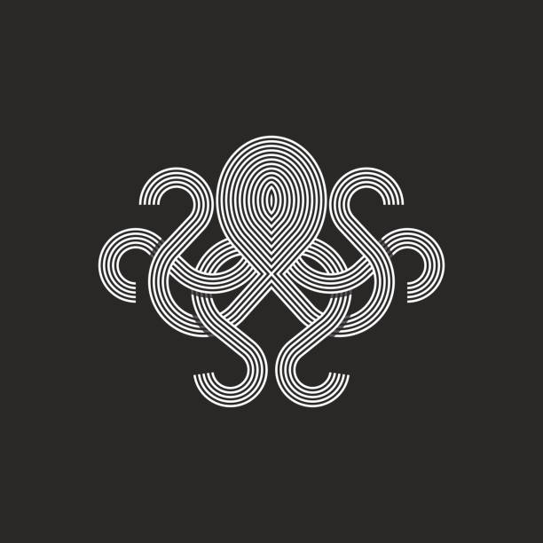 Silhouette octopus logo monogram, mockup seafood restaurant emblem Silhouette octopus logo monogram, mockup seafood restaurant linear graphic emblem, print t-shirt intersection line style octopus stock illustrations