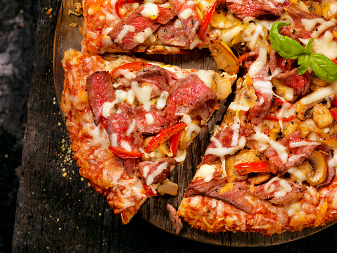 Steak and Mushroom Pizza with Red Peppers