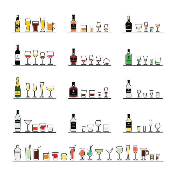 알콜 음료, 병 및 권장된 안경입니다. 벡터 아이콘 세트 - whisky shot glass glass beer glass stock illustrations