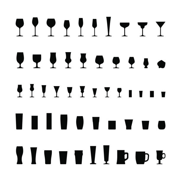 Bar glassware black silhouette icons set Bar glassware black silhouette icons set glass of bourbon stock illustrations