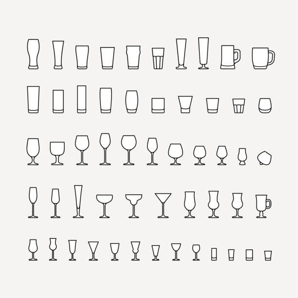 ��유리 라인 아이콘 바 설정 - whisky shot glass glass beer glass stock illustrations