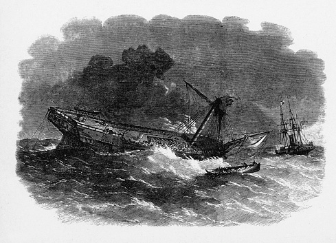 Beautifully Illustrated Antique Engraved Victorian Illustration of Immigrant Ship “Martin Luther”, Lost at Sea,1855. Source: Original edition from my own archives. Copyright has expired on this artwork. Digitally restored.