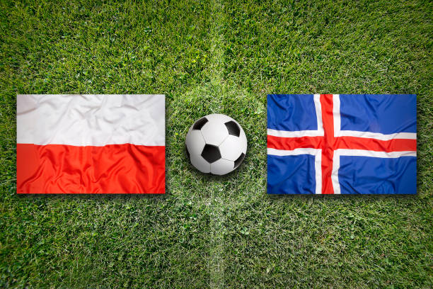 istock Poland vs. Iceland flags on soccer field 644125584