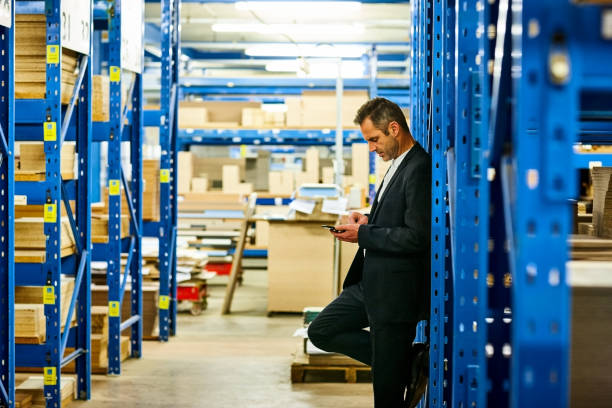 istock Businessman using mobile phone in storage house 644128234