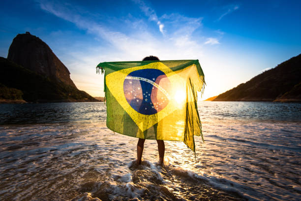 Girl Holding Brazilian Flag at the Beach Girl Standing in Water and Holding Beach Yoke With Brazilian Flag by Sunrise, in Rio de Janeiro, With the Sugarloaf Mountain in the Horizon yoke stock pictures, royalty-free photos & images