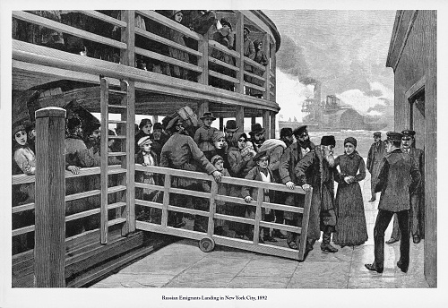 Beautifully Illustrated Antique Engraved Victorian Illustration of Russian Immigrants Landing in New York City, 1892. Source: Original edition from my own archives. Copyright has expired on this artwork. Digitally restored.