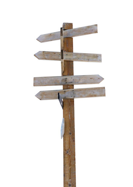 istock Old Wooden Arrow Signpost Isolated on White 644141320