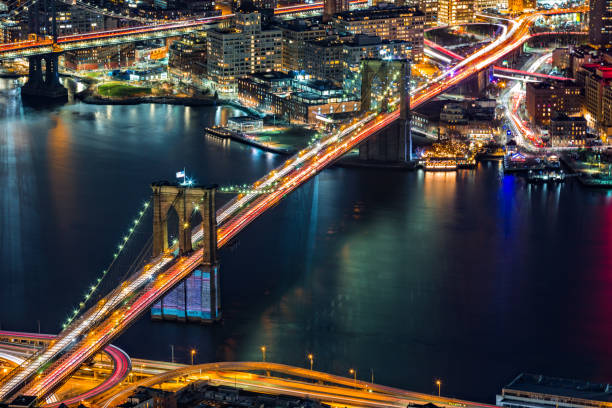 航空写真のブルックリン橋 - east river riverbank waters edge suspension bridge ストックフォトと画像