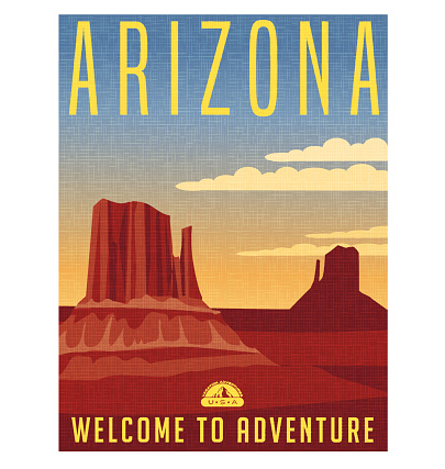 Arizona travel poster. Vector illustration of scenic desert landscape with buttes.