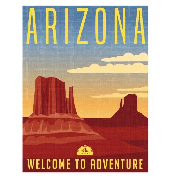 Vector illustration of Arizona travel poster. Vector illustration of scenic desert landscape with buttes.