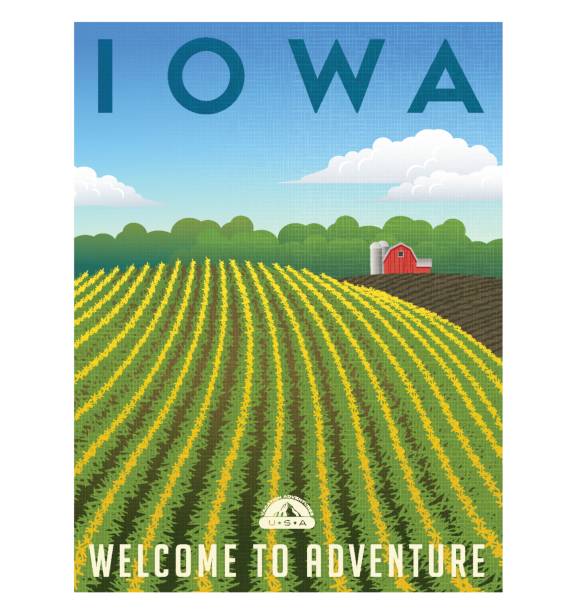 Iowa, United States retro travel poster or luggage sticker vector illustration Iowa, United States retro travel poster or luggage sticker vector illustration. Scenic corn field with red barn in the background. corn crop stock illustrations