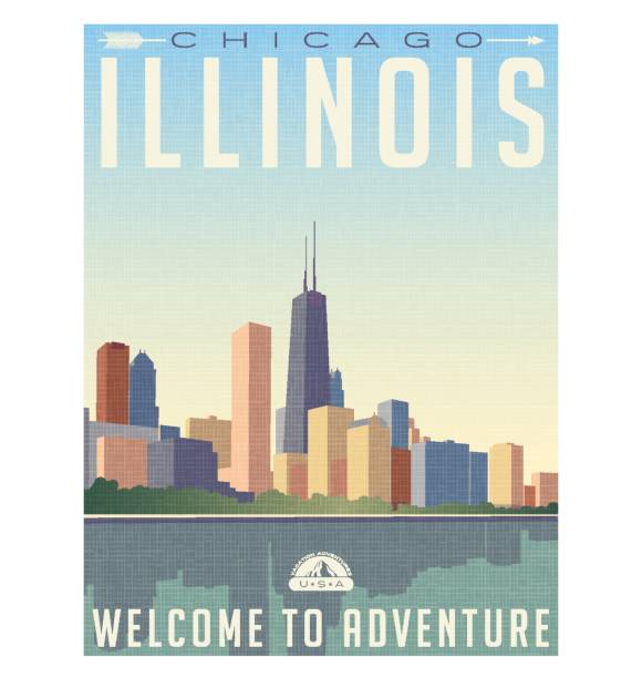 ilustraciones, imágenes clip art, dibujos animados e iconos de stock de cartel de viaje de estilo vintage o etiqueta del equipaje del horizonte de chicago illinois - edificio hancock chicago