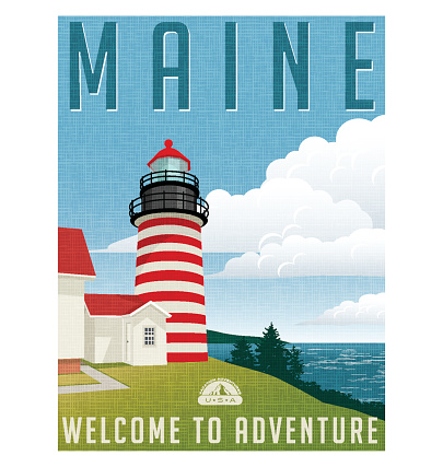 Retro style travel poster or sticker. United States, Maine lighthouse.