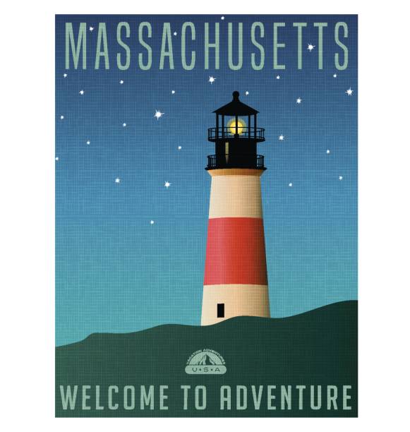 Massachusetts, United States travel poster or luggage sticker. Scenic illustration of a lighthouse on Nantucket Island at night with starry sky. Massachusetts, United States travel poster or luggage sticker. Scenic illustration of a lighthouse on Nantucket Island at night with starry sky. massachusetts illustrations stock illustrations
