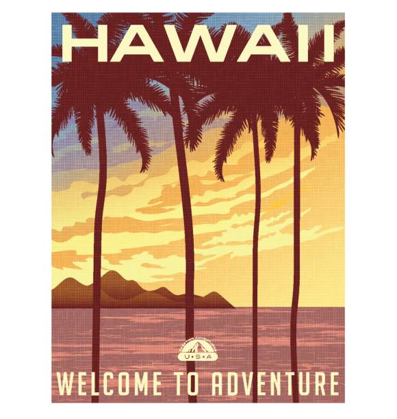 illustrations, cliparts, dessins animés et icônes de affiche de voyage de style rétro ou autocollant. états-unis, hawaï coucher de soleil et palmes. - hawaii islands illustrations