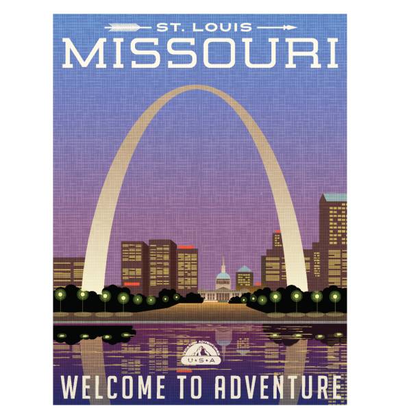 Missouri, United States travel poster or luggage sticker. Scenic illustration of the Gateway Arch and downtown St. Louis at night. Missouri, United States travel poster or luggage sticker. Scenic illustration of the Gateway Arch and downtown St. Louis at night. travel sticker stock illustrations