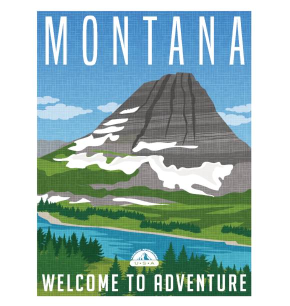 illustrations, cliparts, dessins animés et icônes de affiche de voyage de montana ou autocollant. illustration vectorielle de montagne enneigée, rivière et forêt. - montana