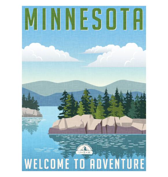 Retro style travel poster or sticker. United States, Minnesota scenic lake