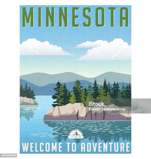 Retro Style Travel Poster Or Sticker United States Minnesota Scenic Lake Stock Illustration - Download Image Now