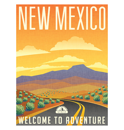 Retro style travel poster or sticker. United States, New Mexico desert mountain landscape.