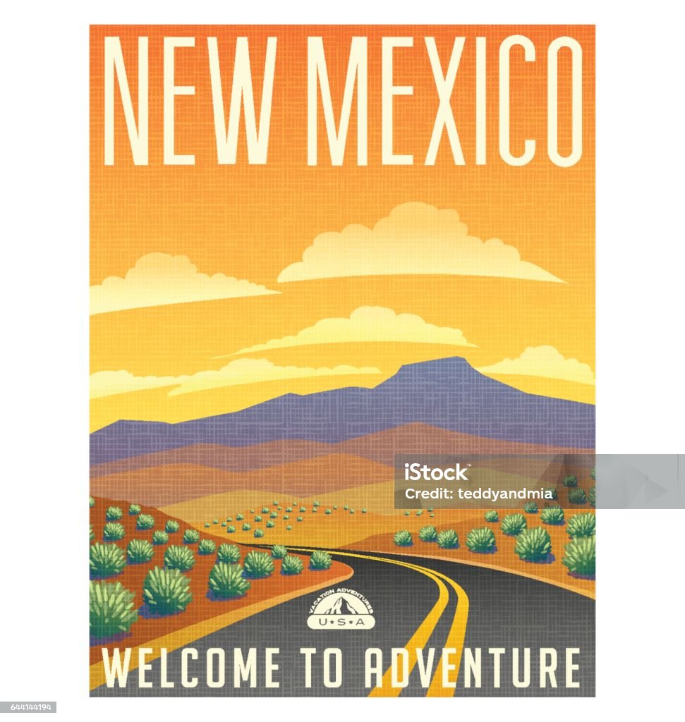 Retro style travel poster or sticker. United States, New Mexico desert mountain landscape. New Mexico stock vector