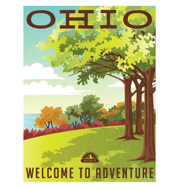 Vector illustration of Ohio travel poster or sticker. Vector illustration of park overlooking lake erie.