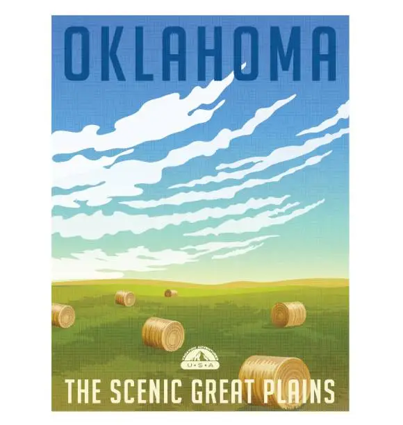 Vector illustration of Oklahoma, United States retro travel poster or luggage sticker. Scenic field with round hay bales vector illustration