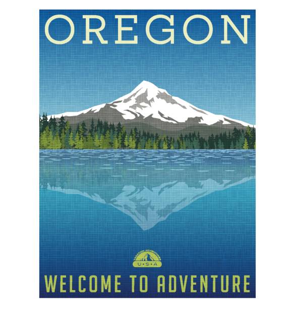 illustrazioni stock, clip art, cartoni animati e icone di tendenza di poster di viaggio o adesivo per bagagli dell'oregon, degli stati uniti. illustrazione scenica del monte hood dietro il lago con riflessione. - mt hood national park