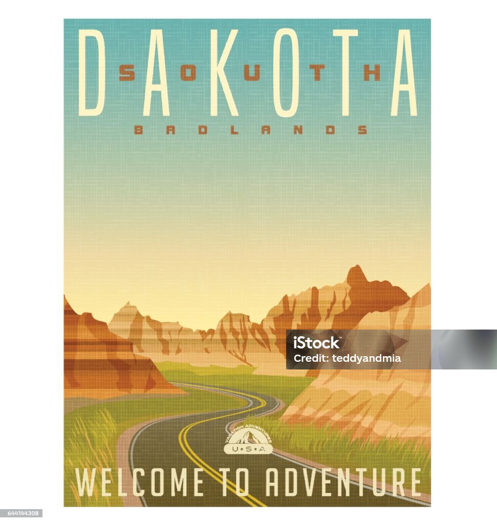 Retro-Stil reisen Poster oder Aufkleber. USA, South Dakota Badlands Nationalpark - Lizenzfrei Postkarte Vektorgrafik