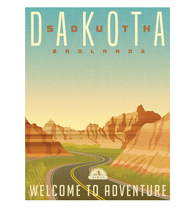 Retro style travel poster or sticker. United States, South Dakota, Badlands National Park