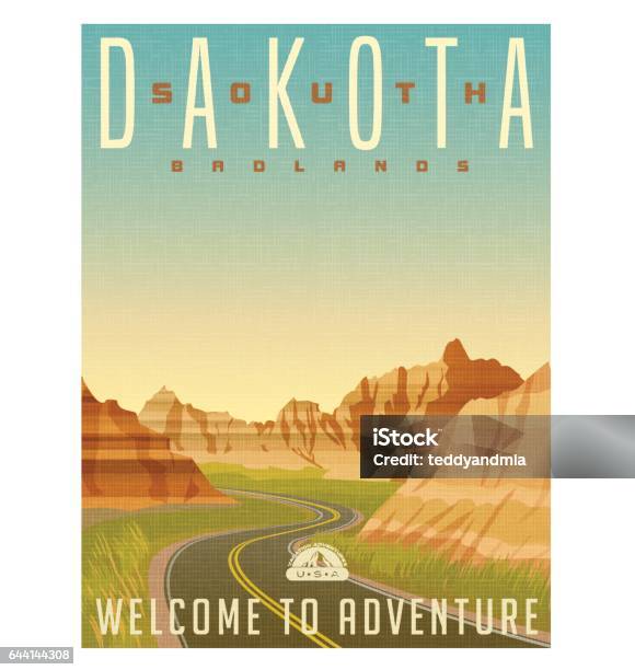 Retro Style Travel Poster Or Sticker United States South Dakota Badlands National Park Stock Illustration - Download Image Now