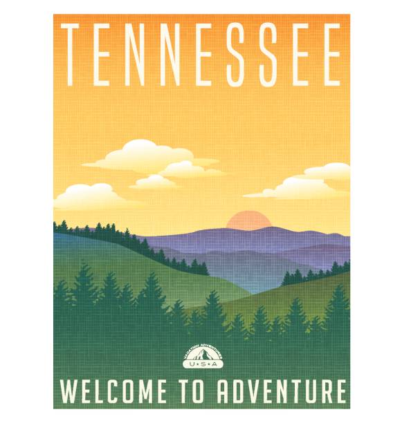 Tennessee, United States travel poster or luggage sticker. Scenic illustration of the Great Smoky Mountains with pine trees and sunrise. Tennessee, United States travel poster or luggage sticker. Scenic illustration of the Great Smoky Mountains with pine trees and sunrise. tennessee stock illustrations