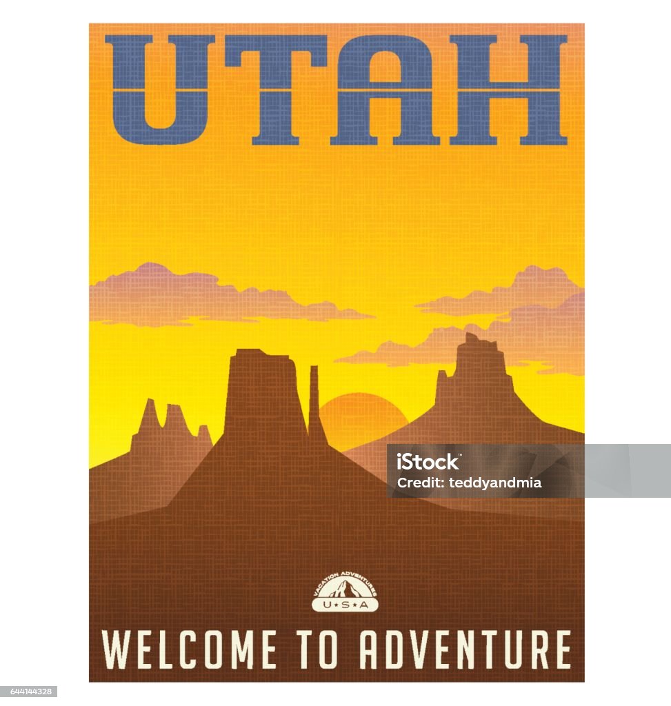 Utah travel poster or sticker. vector illustration of monument valley at sunset. Utah stock vector