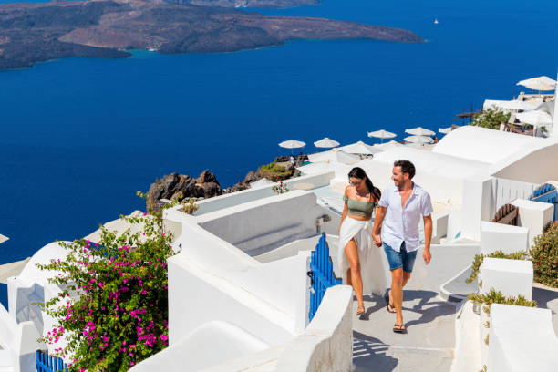 Romantic couple on Greek Island Happy romantic couple on Greek Island greece travel stock pictures, royalty-free photos & images