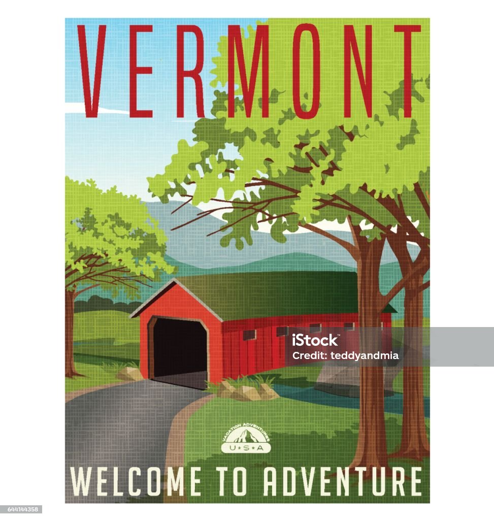 Vermont travel poster or sticker. Vector illustration of scenic covered bridge over stream. Covered Bridge stock vector