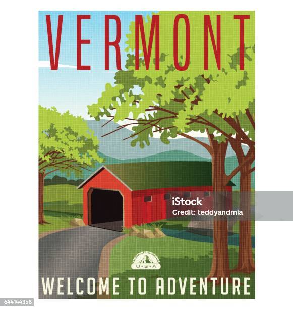Vermont Travel Poster Or Sticker Vector Illustration Of Scenic Covered Bridge Over Stream Stock Illustration - Download Image Now