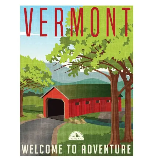 Vector illustration of Vermont travel poster or sticker. Vector illustration of scenic covered bridge over stream.
