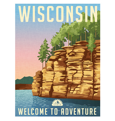Wisconsin travel poster or sticker. Vector illustration of sandstone bluffs on the Wisconsin River.