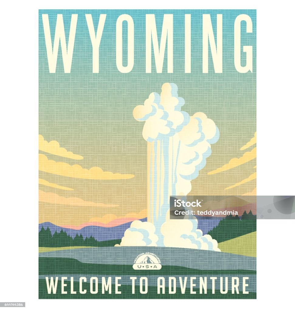 Wyoming-Reise-Plakat oder Aufkleber. Vektor-Illustration von Wasser und Dampf von Geysir ausbrechen. - Lizenzfrei Geysir Vektorgrafik