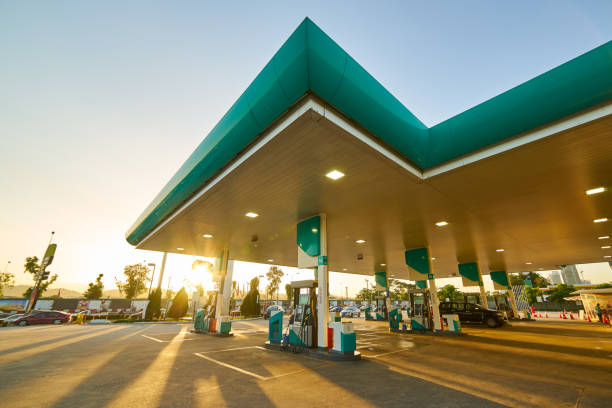istock Gas station at sunrise morning . 644155326