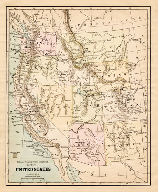 illustrazioni stock, clip art, cartoni animati e icone di tendenza di mappa degli stati uniti d'america 1881 - montana map old cartography