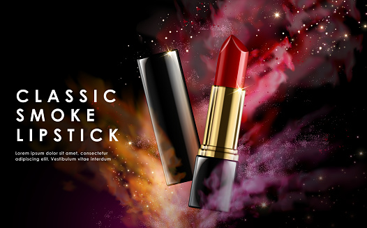 fashion lipstick ads with colorful smoke elements isolated on dark background